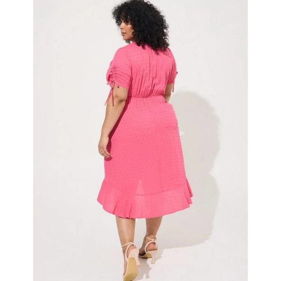 Torrid Women's Pink Solid  V-Neck Swiss Linen Surplice Wrap Midi Dress NWT 1X - Picture 2 of 4